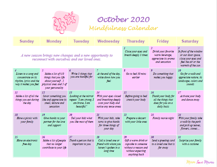 Mindfulness Calendar October 2020 Moon Love Mama