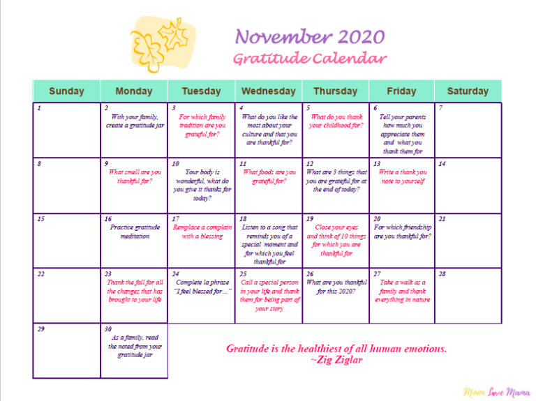 Gratitude Calendar November 2020 Moon Love Mama