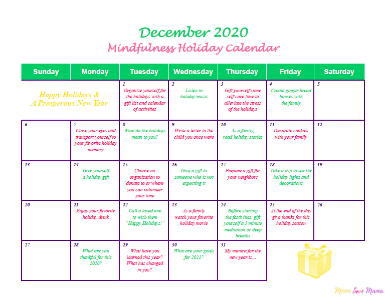 Mindfulness Holiday Calendar December 2020 Moon Love Mama