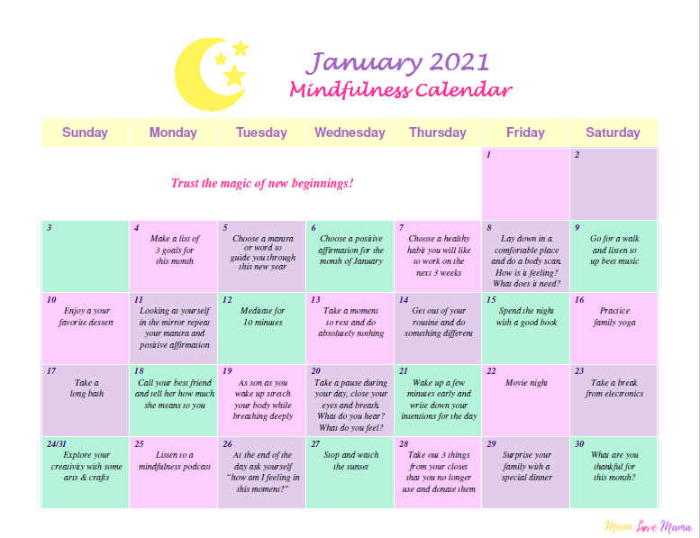 Mindfulness Calendar January 2021 Moon Love Mama